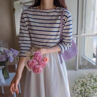  Áo thun nữ tay dài cổ thuyền kẻ sọc vải cotton 100% siêu mềm mịn Áó thun tay dài MENINA form vừa 