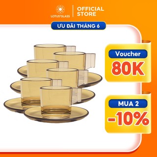 Bộ cốc đĩa uống trà nóng thủy tinh LOTUS GLASS VTC47 màu hổ phách trong suốt có quai cao cấp, an toàn