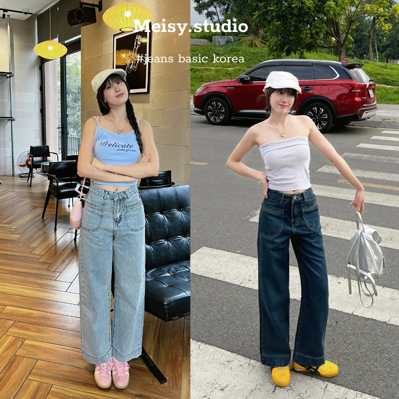 Quần Jeans Meisy form ống rộng vừa phải vải jeans mềm túi hộp gấu 4 phân phong cách basic hàn quốc