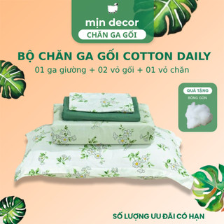 Bộ Chăn Ga Gối Cotton 3D Mịn Decor, Ga Trải Nệm Cotton Poly Vỏ Chăn Có Khoá Kéo, Bo Chun 20cm
