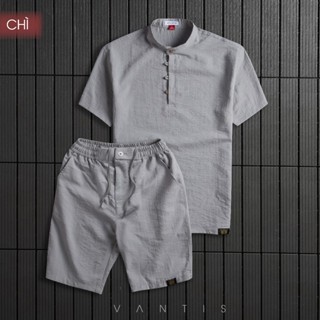 Bộ Đũi Xước Nam, Bộ Hè Nam, Áo Cổ Tàu, Quần Cạp Chun Phối Viền Cúc, 5 Màu Tùy Chọn