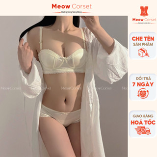 Bộ đồ lót dáng sò đệm mỏng có gọng chất lụa satin phối ren mềm mại 244 [MEOW Corset]