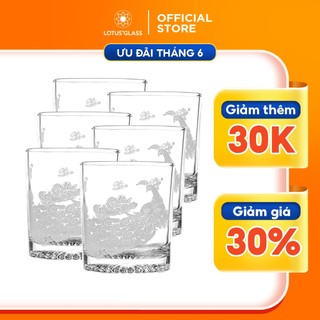 Bộ 6 cốc thủy tinh LOTUS GLASS VTC308 in con công men cát - Bộ cốc thủy tinh 245ml uống whisky, làm quà tặng