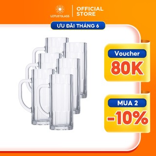 Bộ 6 cốc uống bia thủy tinh LOTUS GLASS VTC212 trong suốt có quai cao cấp, an toàn