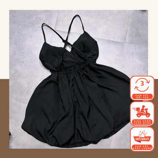 Đầm Đen Ngắn Xoè Hai Dây Hở Lưng Chéo Dây Thời Trang