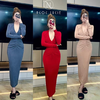 D615 - Đầm Body Ôm Tay Dài Cổ V Cách Điệu - Ngọc Lucie