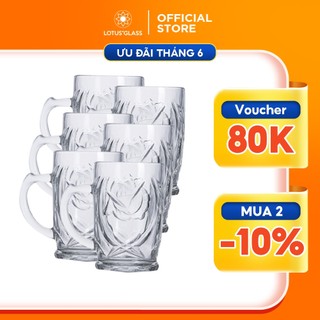 Bộ 6 cốc uống bia thủy tinh LOTUS GLASS VTC231 trong suốt có quai cao cấp, an toàn