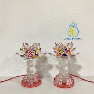 Cặp đèn thờ hoa sen pha lê cao 18cm nhiều chế độ màu