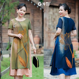 GOTI Đầm Xoè  Trung Niên Cao Cấp In Hoạ Tiết Hoa Sen Sang Trọng Quà Tặng Mẹ Trung Niên Bigsize 3403