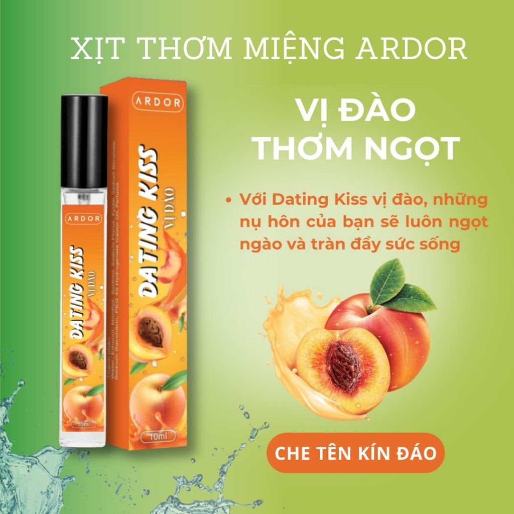 Xịt Thơm Miệng Vị Đào Kissing Spray ARDOR Nam Nữ Hương Trái Cây Kẹo Ngọt The Mát Vị Bạc Hà Chai 10ml