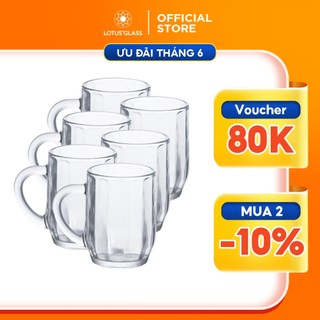 Bộ 6 cốc thủy tinh LOTUS GLASS VTC254 trong suốt có quai cao cấp, an toàn, dùng để uống trà, nước ép, nước ngọt