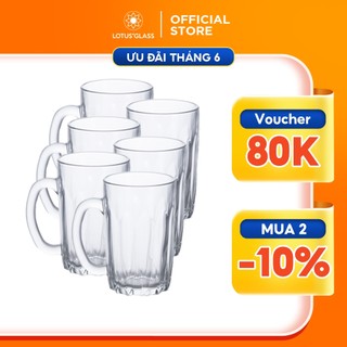 Bộ 6 cốc uống bia thủy tinh LOTUS GLASS VTC213 trong suốt có quai cao cấp, an toàn