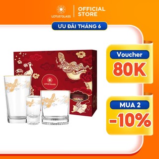 Bộ Giftset Lý Ngư Hóa Long LOTUS GLASS - Bộ 12 cốc thủy tinh cao cấp làm quà tặng cho người thân, đối tác