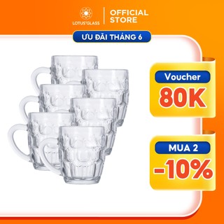 Bộ 6 cốc thủy tinh LOTUS GLASS VTC91 trong suốt có quai cao cấp, an toàn, dùng để uống bia, nước ngọt, sinh tố