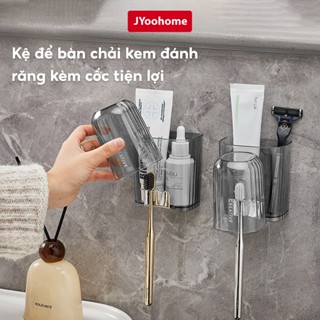 Kệ để bàn chải kem đánh răng kèm cốc dán tường JYoohome Bộ cốc giá để bàn chải trong suốt Acrylic