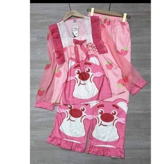 Sét bộ pijama nữ lụa xước tay dài cổ vuông tiểu thư in full