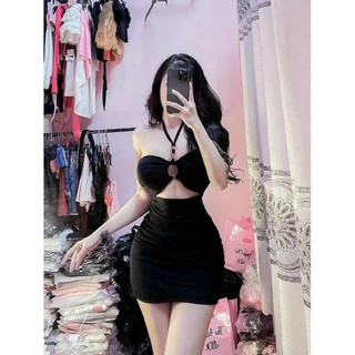 Đầm cúp ngực phối khoen ôm body dáng ngắn chất thun gân co dãn kèm sẵn mút ngực
