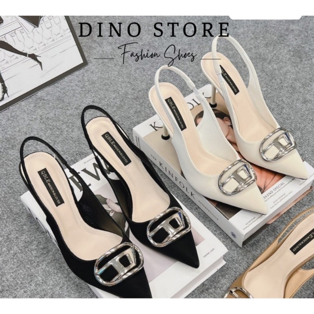 Giày cao gót 8 phân quai hậu mũi nhọn đính khóa A da bóng mềm - DINO Store D27