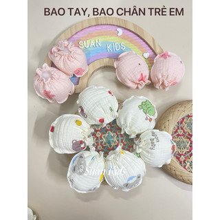 Bao tay bao chân cho bé sơ sinh Vải Xô Muslin mềm mại, set bao tay bao chân cho bé sơ sinh may chun co dãn tốt- SUAN