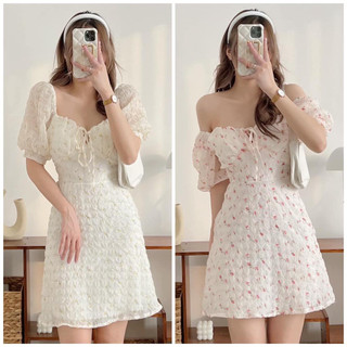 Váy hoa nhí xốp nhún màu pastel tay bồng 2 lớp , Đầm cộc tay dáng ngắn vintage thiết kế ulzzang