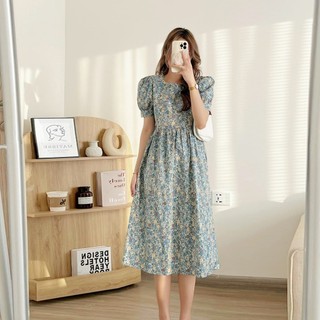 Đầm Vintage cổ tròn tay lỡ babydoll Váy hoa nhí thời trang công sở Hàn Quốc ulzzang du xuân biển
