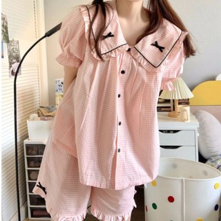 Set kẻ babydoll nơ cổ phối viền cổ bèo