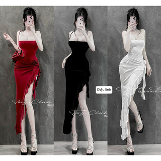 Đầm body dự tiệc 2 dây xẻ đùi viền bèo sexy