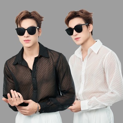 Áo Sơ Mi Nam Dài Tay Vải Voan Xuyên Thấu Hạt Kim Tuyến Đen/Trắng Thương Hiệu Mr Twins