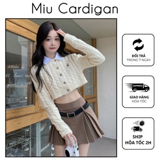 Khoác len croptop dài tay MIU CARDIGAN, Áo len dệt vặn thừng đứng form, Áo khoác len cổ tròn nữ thêu logo