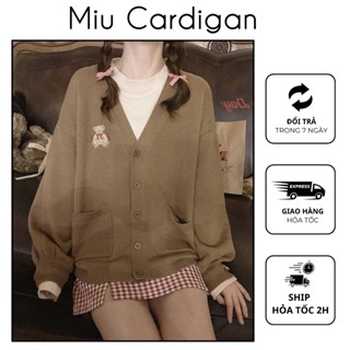 Khoác len nữ thêu gấu Teddy MIU CARDIGAN, Áo khoác len cardigan form thụng chất len dệt dày dặn không xù vải