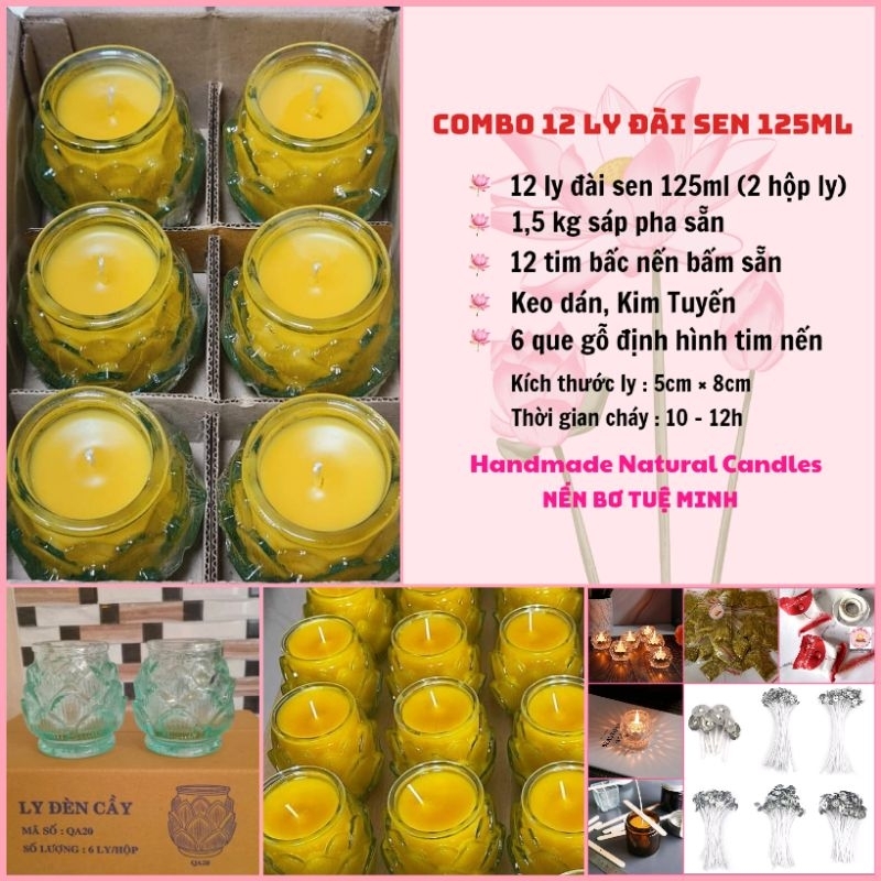 Combo Làm Nến 12 Ly Đài Sen 125ML( Nguyên Liệu Làm Nến Bơ Tuệ Minh)