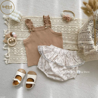 Set áo thun tăm 2 dây bèo nâu + quần chip hoa nhí B1849