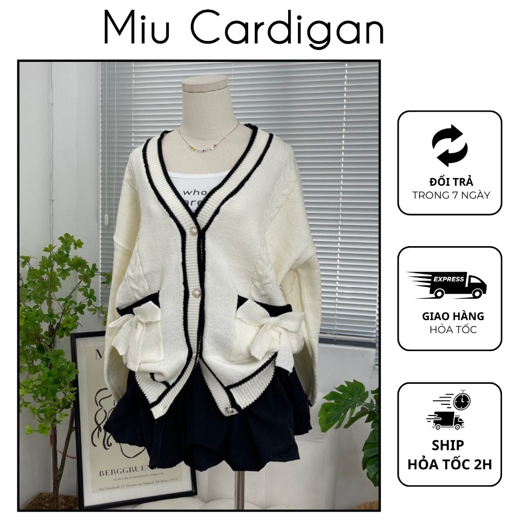 Áo khoác len thừng viền đen MIU CARDIGAN, Khoác cardigan len nữ cúc ngọc đính nơ túi form thụng
