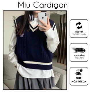  Áo gile len nữ thêu huy hiệu MIU CARDIGAN Gile nữ len thừng cổ V phong cách học sinh Hàn Quốc 