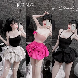 Set đồ nữ áo hai dây phối nơ kèm váy bí xòe nơ siêu xinh form 38-53kg