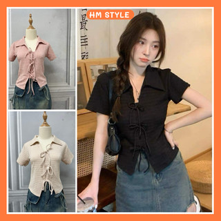 Áo kiểu nữ buộc dây nơ cổ sơ mi, áo sơ mi nữ form babytee phong cách tiểu thư hàn quốc chất xốp nhăn HA166