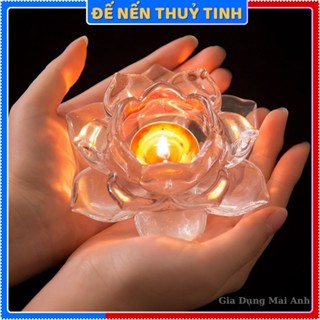 Đế nến thủy tinh, chân nến hoa sen, trang trí ban thờ phong thủy, chất liệu thủy tinh cao cấp