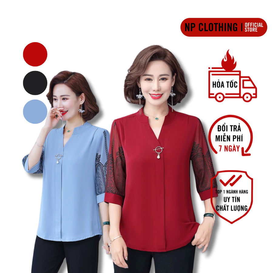 Áo Trung Niên A166, Mẫu Sơ Mi Nữ Cho Mẹ U60 Chất Lụa In Thổ Cẩm Sang Trọng | Thời Trang NP Clothing