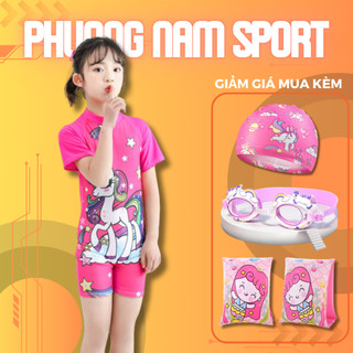 Đồ bơi bé gái liền thân, Bộ bơi cho bé họa tiết Kỳ Lân Hồng cho bé từ 1 tuổi đến size đại