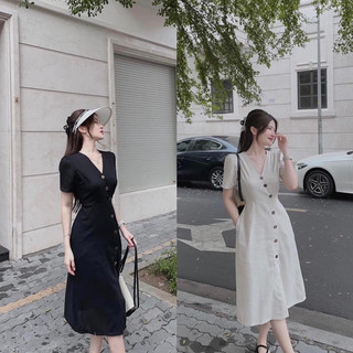 Váy Dài Linen cộc tay nữ, dài 99-105cm thanh lịch, thiết kế trơn, cổ tim, 2 màu đen trắng.