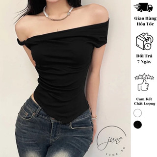 Áo kiểu JUNE.SG form trễ vai có vạt xéo cách điệu tay xoắn chất cotton co giản phong cách điệu đà cho nàng cá tính D100