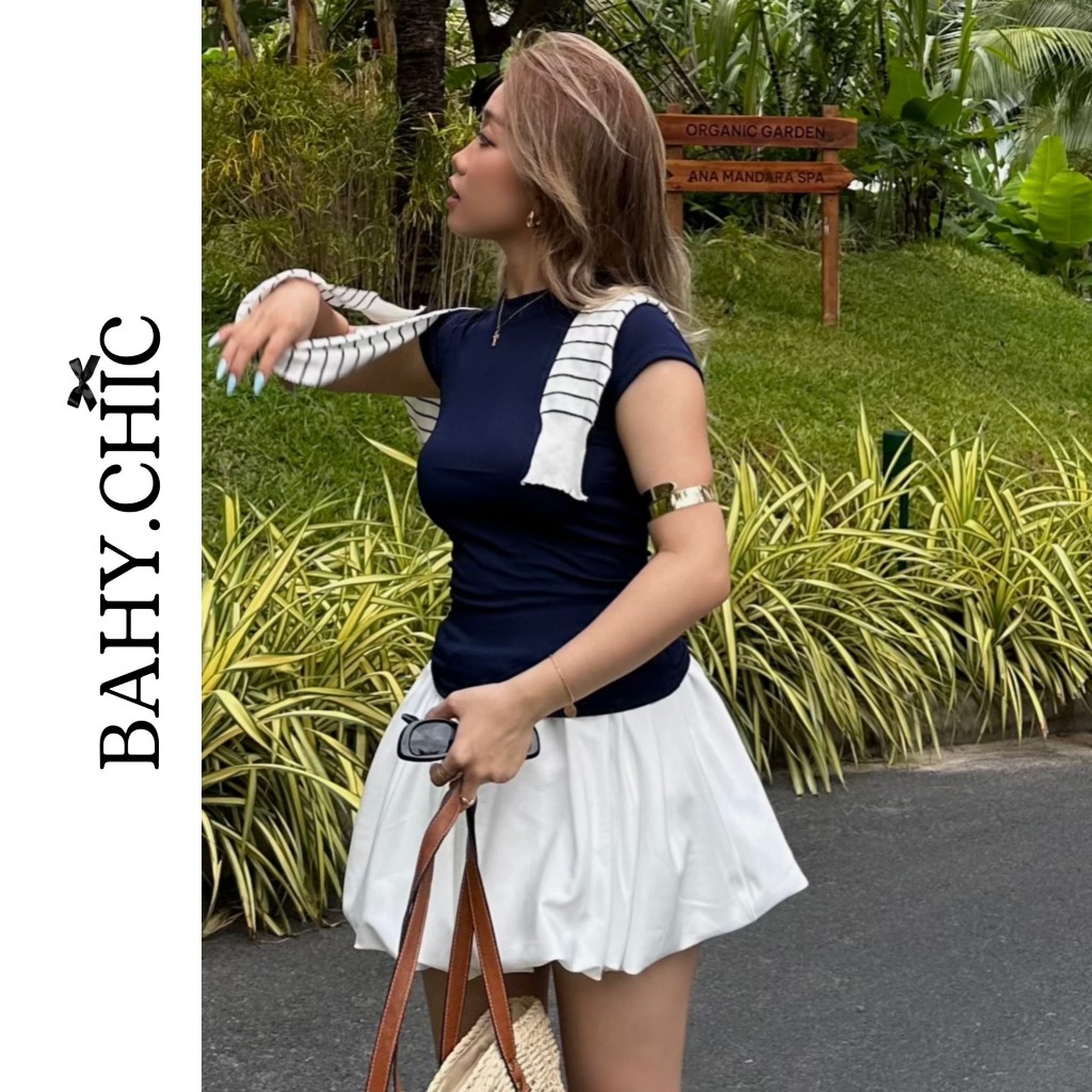 ( BUBBLE SKIRT) Chân váy bí SIÊU PHỒNG - áo thun trơn tay ngắn xanh than, phong cách Âu Mỹ tối giản 