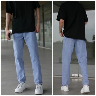 Quần jean baggy ống suông nam nữ màu xanh trơn rách xước có túi pants menwears Pon.mens