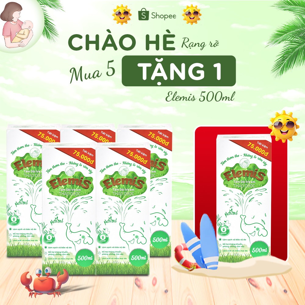  COMBO Mua 5 TẶNG 1 Tắm gội thảo dược ELEMIS 500ml chống rôm sảy hăm tã mịn da an toàn cho trẻ sơ sinh chai 