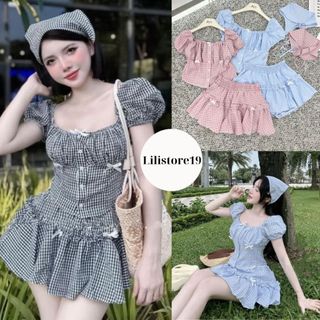 Set 3 món áo cộc tay kẻ ô che bụng kèm chân váy xòe bồng dáng chữ a tặng băng đô kẻ caro