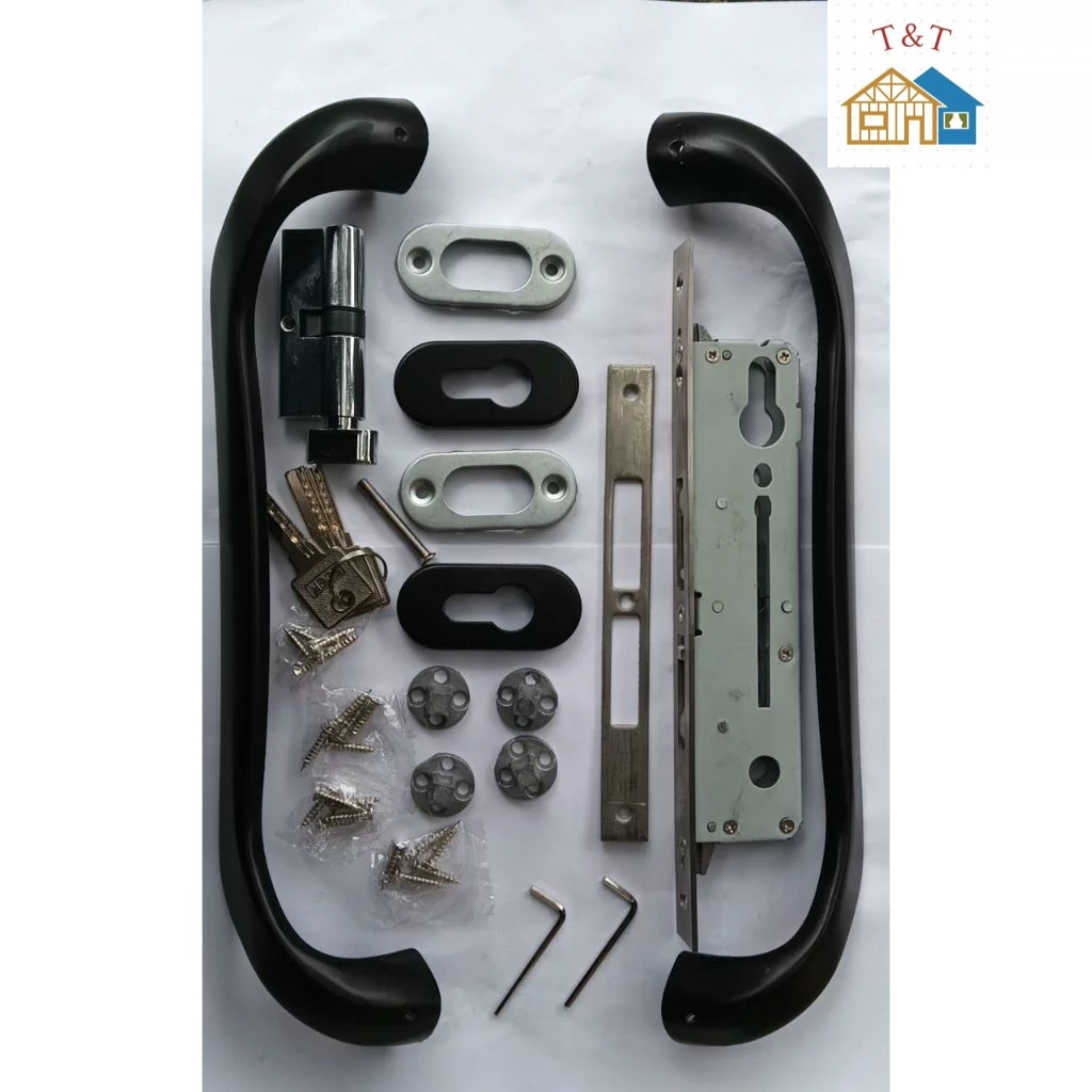 Khóa cửa lùa tay lượn, khóa chữ D 2 mặt lắp cửa xingfa (Bán lẻ cặp tay lùa hàng dày)