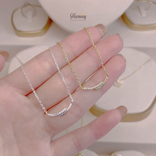 Dây chuyền bạc nữ mặt cong dài basic đính đá 2 màu xi bạch kim và vàng sang chảnh | HARMONY ACCESSORIES VC60