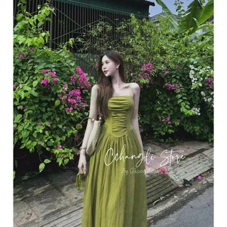 Đầm maxi nữ hai dây dáng xòe nhún ngực chạy moking thân sau, đầm 2 dây chất lụa ý mềm có 2 màu xinh