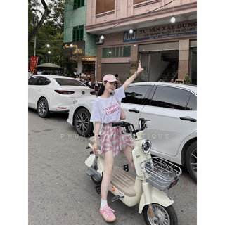 Set áo chữ đỏ mix chân váy caro buộc hông 2 màu