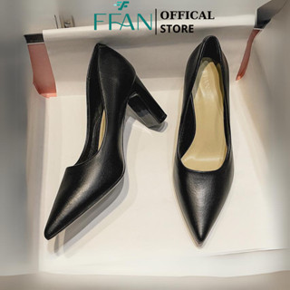 Giày cao gót nữ mũi nhọn đế vuông [da thật] 0601 FFAN STORE, 5 7 9 11 phân bít mũi màu đen da mềm mại big size